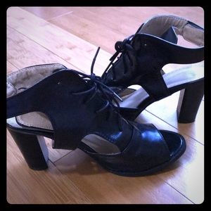 Cute black leather heels wedge peep toe